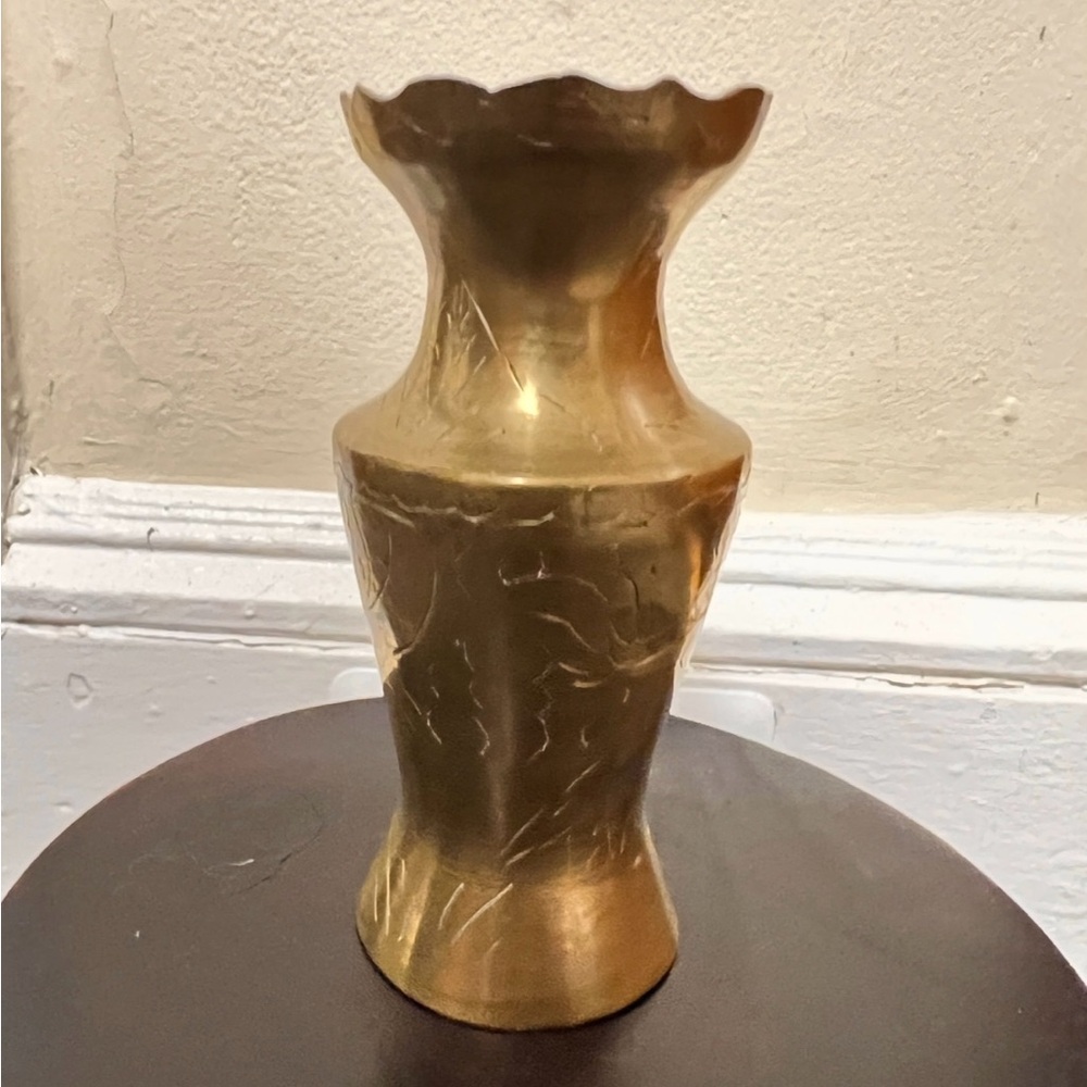 Vintage Brass Etched Chinese Bud Vase, Scalloped Rim, Marked CHINA, Boho Décor
